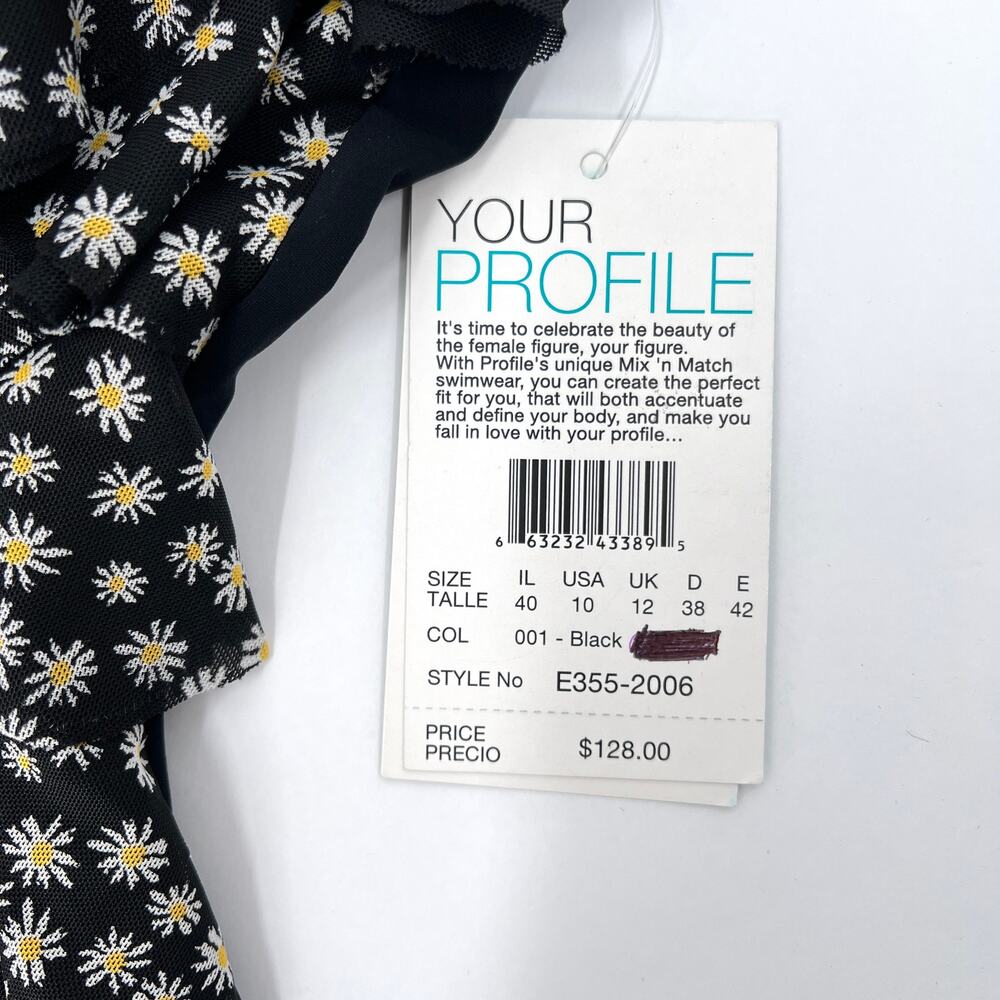 PROFILE BY GOTTEX One Piece Swimsuit Women 10 Black Daisy Ruffle Scoop Neck New - Picture 10 of 12